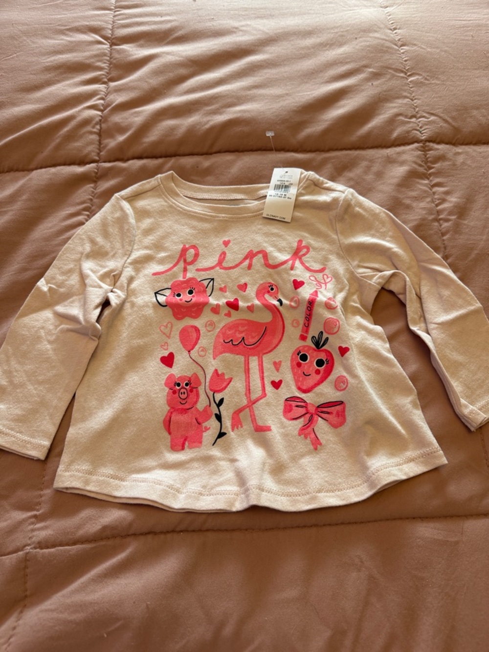 🦩 Old Navy Cream Long-Sleeve Tee with Pink Flamingo & Hearts Sz 12-18M NEW